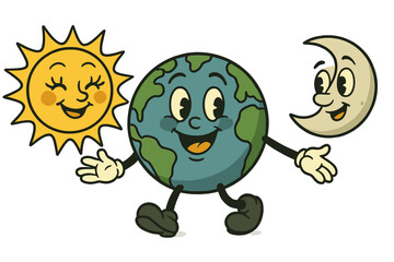 Vector illustration of Earth smiling with the Sun and Moon, representing harmony in nature and celestial bodies