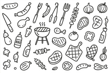 Barbecue vector icons featuring grilling tools, various meats, and condiments for summer cooking activities