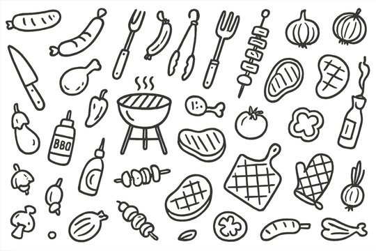 Barbecue vector icons featuring grilling tools, various meats, and condiments for summer cooking activities