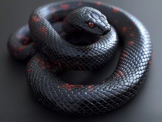 Fototapeta premium Coiled black snake with fiery red markings, detailed scales