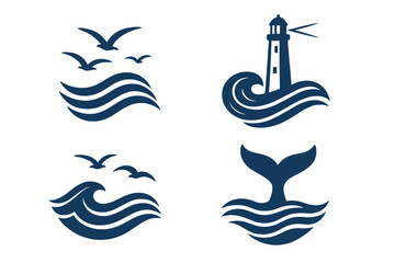 Vector icons representing maritime elements including birds, waves, lighthouse, and whale tail in a stylish minimalist design