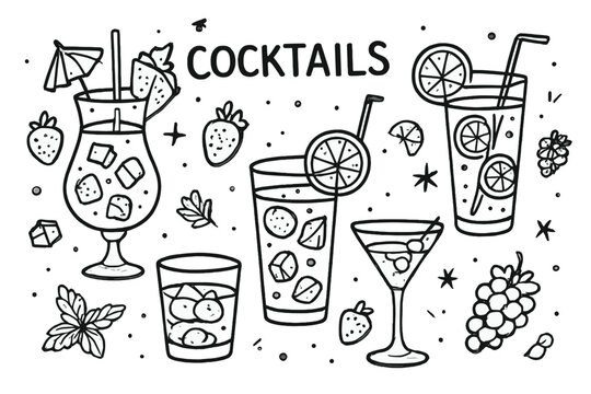 Delightful vector icon featuring various cocktails and fruits in a fun, hand-drawn style perfect for summer vibes and party themes