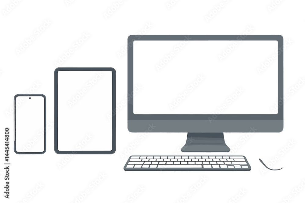 Poster vector icon featuring a smartphone, tablet, and desktop computer with a keyboard and mouse in a mini