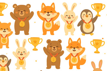 Vector icon featuring cute animals celebrating with trophies, showcasing an exciting and playful atmosphere