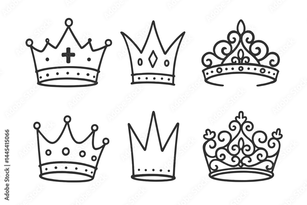 Poster different styles of crowns represented as vector icons for design and creative projects