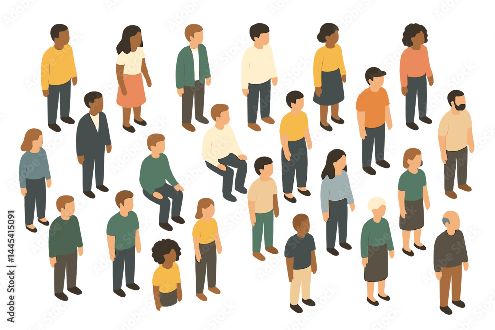 Poster diverse group of people in casual attire standing and interacting in a minimalistic setting