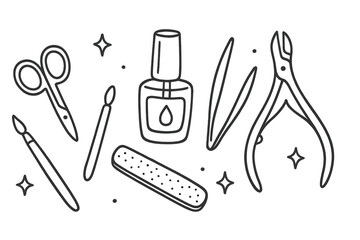 Vector icon of nail care tools and accessories depicting scissors, nail polish, tweezers, and files with sparkles for manicures