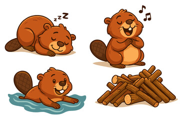Cute vector icons depicting beavers in various activities including sleeping, singing, and swimming with logs