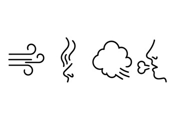 Vector icon collection representing different forms of air movement including wind, smoke, clouds, and breath