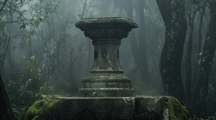 Ancient Stone Altar with Misty Forest Mystery.