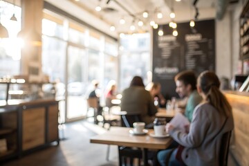 Fototapeta premium Urban coffee shop moments a cozy gathering in a warm atmosphere with blurred background