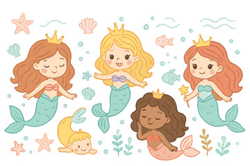 Colorful vector icon featuring playful mermaids with crowns and underwater elements in a whimsical, aquatic setting