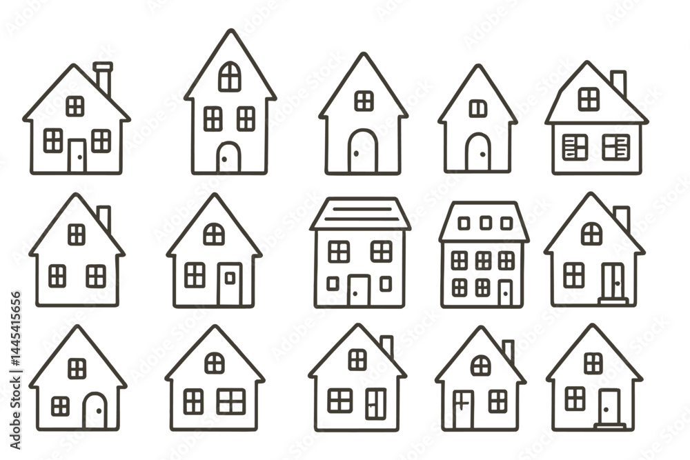 Poster collection of vector house icons representing various architectural styles and shapes in a grid layo