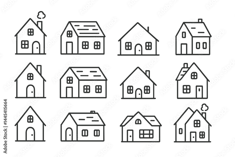 Poster vector icons of various house designs showcasing different architectural styles and features in a mi