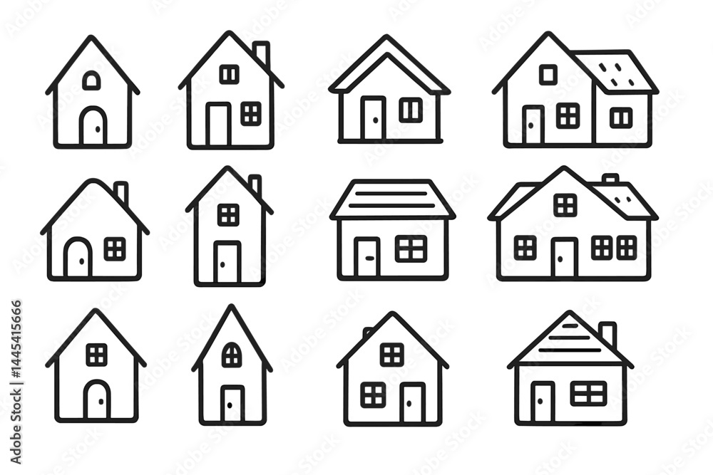 Poster vector icons of various house designs depicting different architectural styles and sizes for use in 