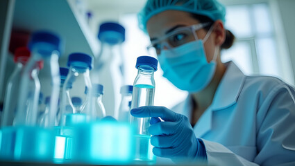 Laboratory Technician Conducting Chemical Water Tests for Nitrates and Chlorine Levels with Reagent Kit in Cylindrical Sample Tubes - Empty Space for Text