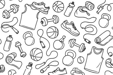 Fitness and sports equipment vector icons featuring shoes, weights, and athletic gear in a dynamic arrangement