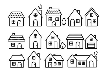 Collection of vector house icons featuring various designs, shapes, and sizes for creative projects and illustrations
