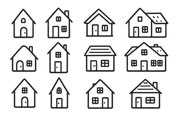 Vector icons of various house designs depicting different architectural styles and sizes for use in graphic design projects