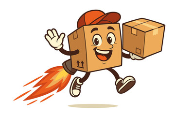 Cartoon character with rocket-powered box delivering packages quickly and joyfully
