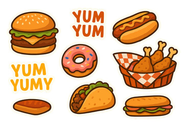 Delicious food vector icons featuring burgers, hot dogs, tacos, donuts, and chicken wings for food lovers