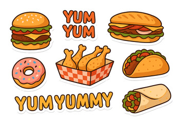 Delicious vector icons of various fast food items including burgers, tacos, donuts, and fried chicken for fun graphics