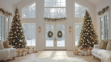 Elegant holiday entryway decorated with christmas trees