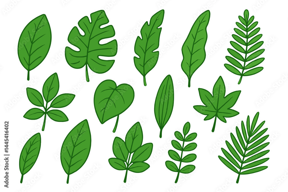 Aufkleber vector icon set featuring various green leaves in different shapes and sizes for decorative and illu