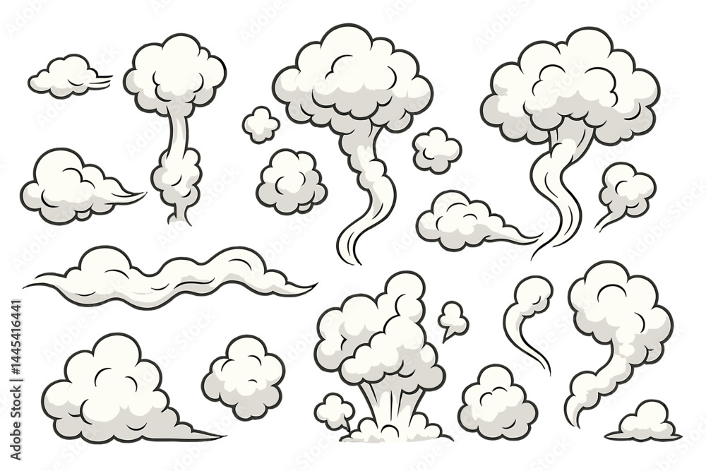 Poster collection of vector smoke icons depicting various types and shapes for design purposes to enhance c