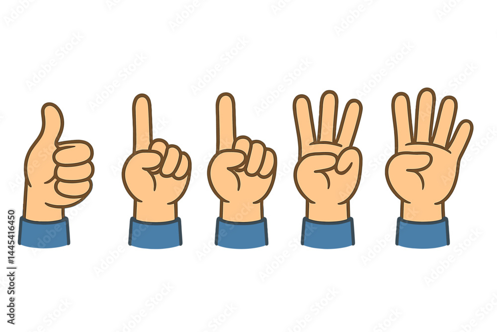 Poster vector icon of hand gestures showing numbers from one to five in a simple and colorful design suitab
