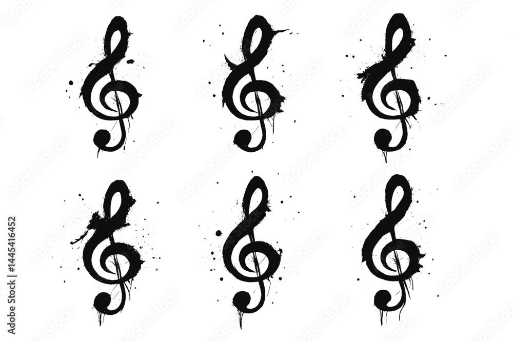 Poster vector icon design featuring multiple treble clefs with ink splashes, suitable for music-related the