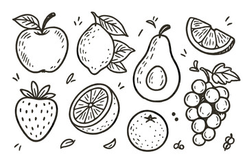 Collection of hand-drawn vector fruit icons representing various fruits in a simple and playful style suitable for various projects