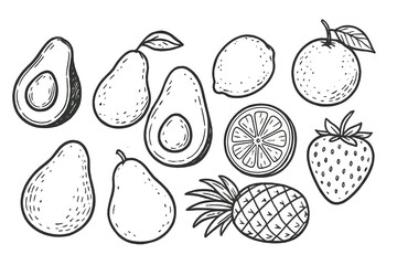 Hand-drawn vector icons of various fruits including avocado, lemon, orange, and pineapple for creative projects