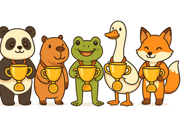 Cute animal characters celebrate victory with trophies in a playful and vibrant vector design