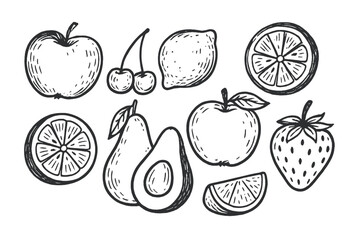 Various hand-drawn vector icons of fruits including apples, cherries, lemons, oranges, and strawberries