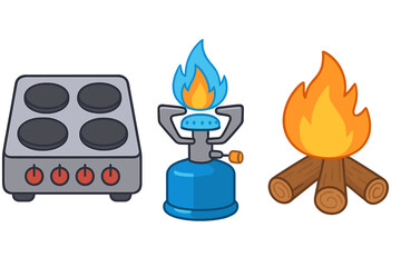 Cooking methods represented by vector icons including a gas stove, portable burner, and campfire flames for outdoor and indoor use