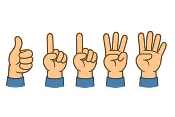 Vector icon of hand gestures showing numbers from one to five in a simple and colorful design suitable for educational purposes