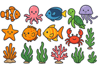 Colorful vector icon collection featuring marine animals and plants in a playful underwater scene showcasing diverse sea life