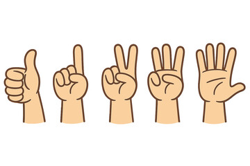 Hand gesture vector icons representing numbers one to five for educational and communicative purposes