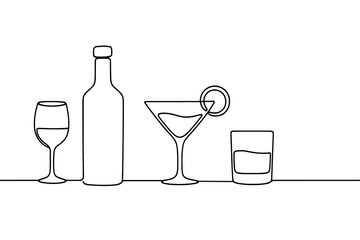Minimalist vector icon featuring various types of glasses and a bottle arranged on a flat surface