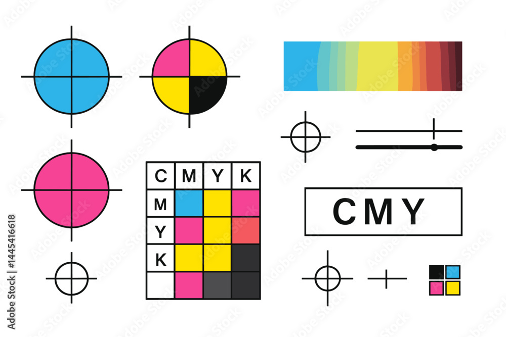 Poster vector icon representing color separation and printing processes with cyan, magenta, yellow, and bla