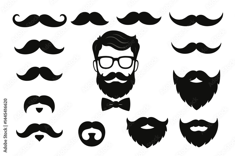 Poster stylized vector icons of various mustache and beard designs suitable for graphic applications and cr