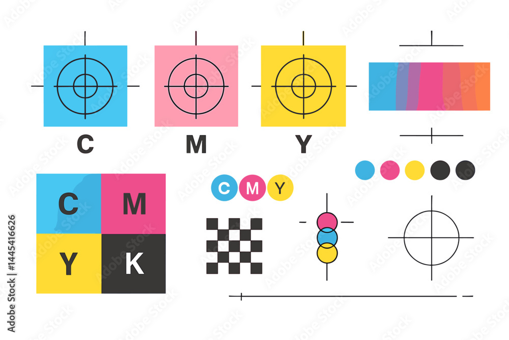 Poster colorful vector icons representing cmyk color model with various designs and patterns, suitable for 