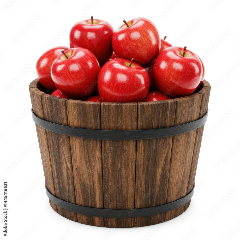 Poster a wooden bucket overflowing with bright red apples on a white background in a studio setting