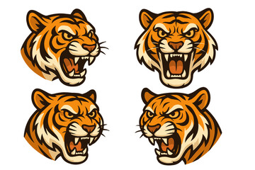 Vector icon of four aggressive tiger heads with distinct expressions in orange and black colors showcasing ferocity and strength