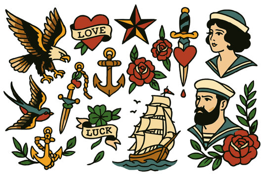 Vintage nautical tattoos featuring seafaring symbols and traditional designs with roses and hearts