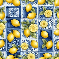 Lemons on Blue and White Portuguese Tiles