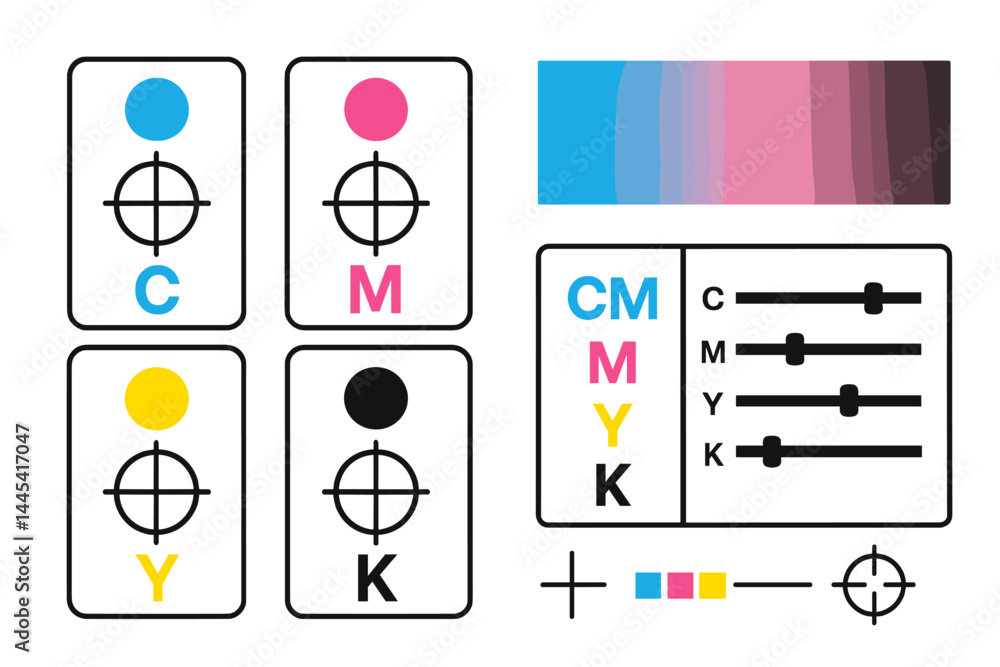 Poster vector icon depicting cmyk color model with color targets and sliders for printing design elements
