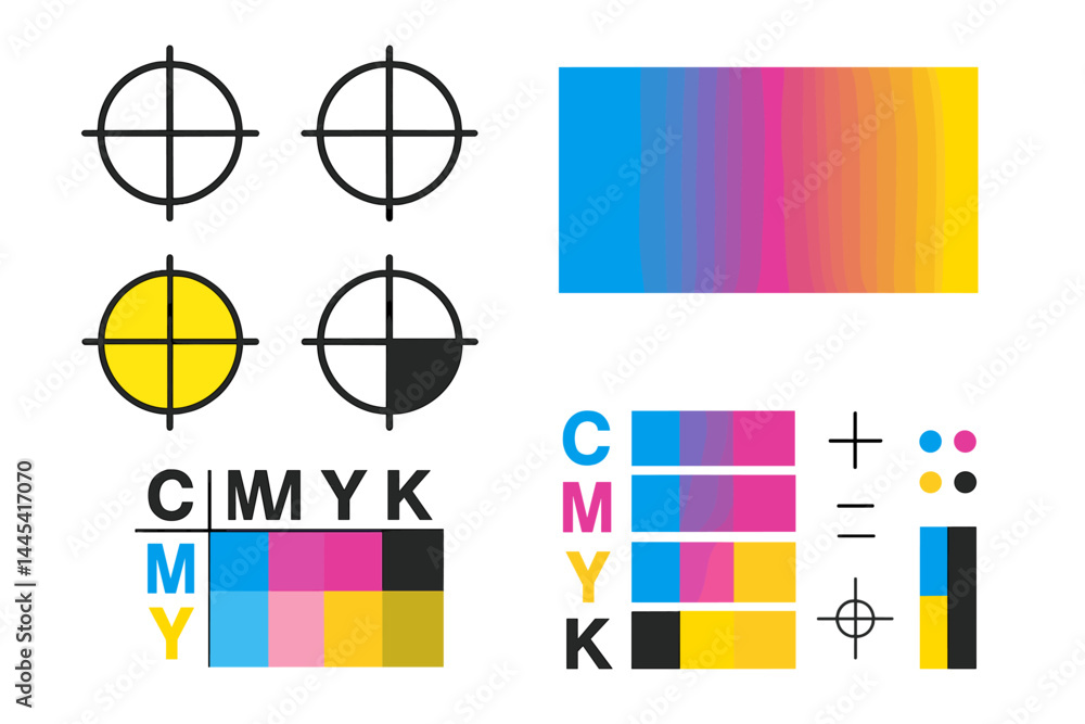 Poster vector icon depicting cmyk color model with color swatches and target graphics commonly used in prin