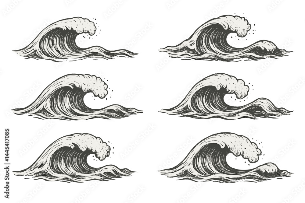Poster vector icon of stylized ocean waves with varying shapes and sizes representing movement and natural 